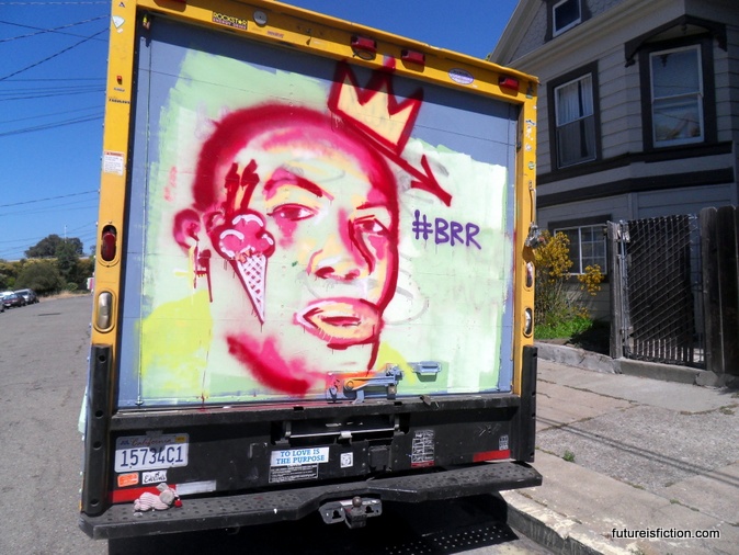 painted truck seen on a walk in Oakland Caption: The art on the truck is not the only random thing in this picture.