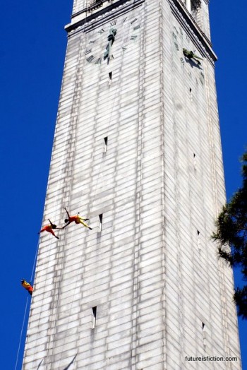aerial swing dancers on the Campanile