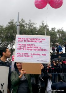 So great! Sign reads: "we're not sending our best to Washington. They're bigots, they're narcissists, they're pussy grabbers...and some, I assume, are good people?"