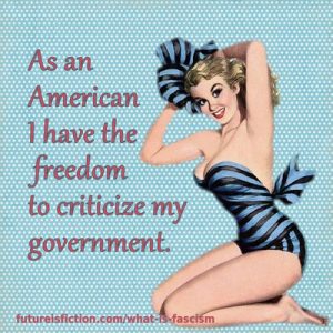 fifties gal in blue bikini says As an American I have the freedom to criticize my government.