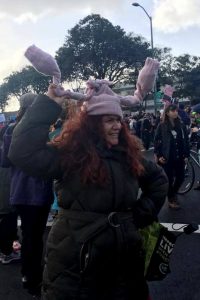 woman in uterus hat at Oakland Women's March